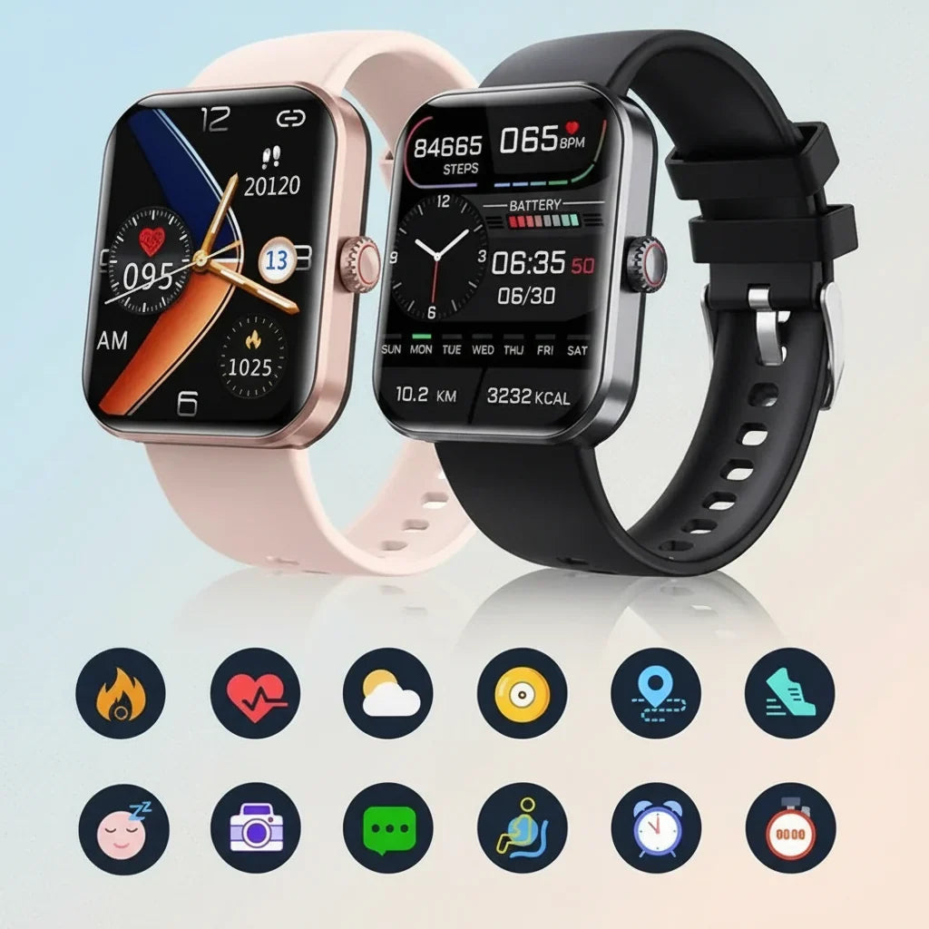 Bluetooth Smartwatch with Blood Sugar and Blood Pressure Monitoring, Fitness Features and Silicone Strap