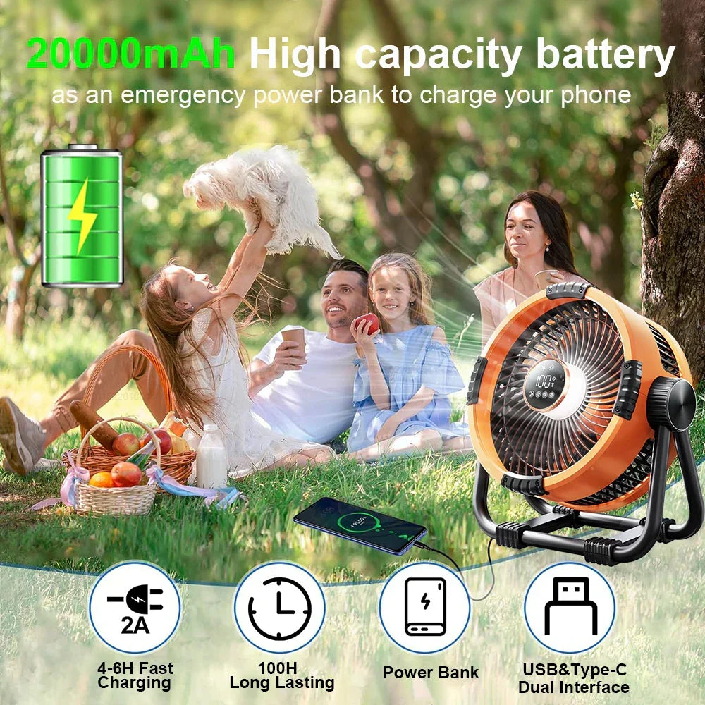 Camping Fan with 20,000mAh Battery, LED Light & Remote Control