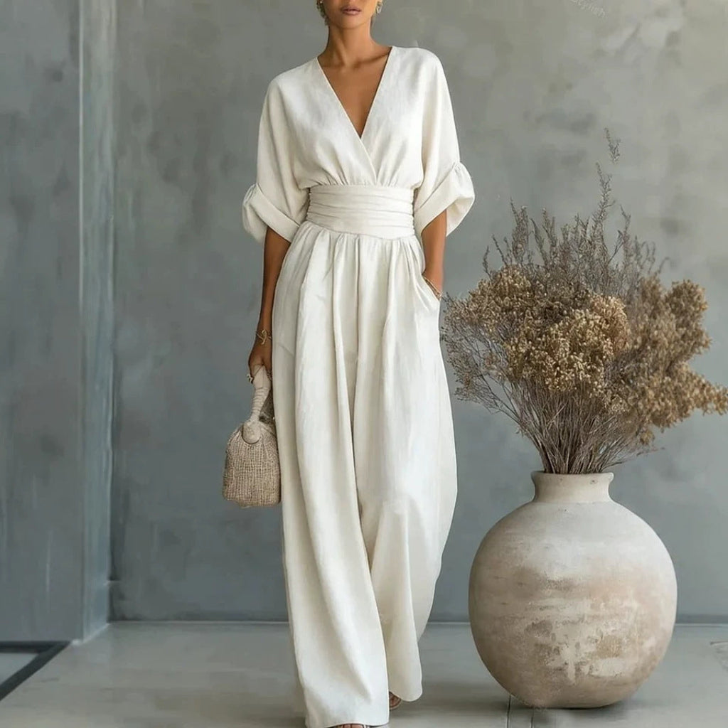 Casual Summer Short-Sleeve V-Neck Wide-Leg Jumpsuit
