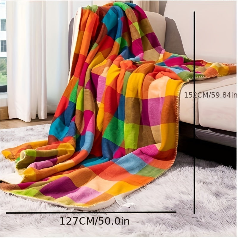 Double-Sided Thick Sherpa and Coral Fleece Blanket with Colorful Plaid Pattern