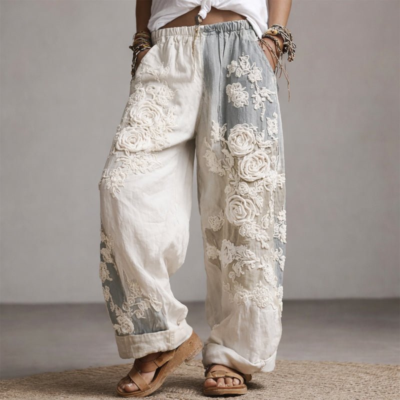Floral Embroidered Wide-Leg Drawstring Pants