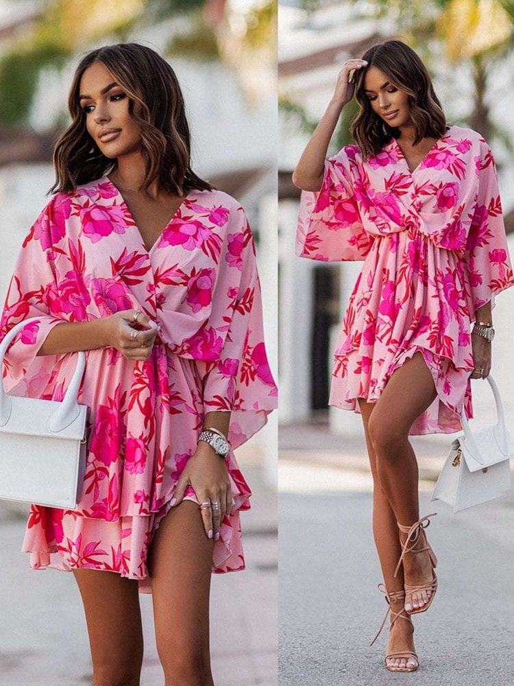 Flowy Bohemian V-Neck Mini Summer Dress