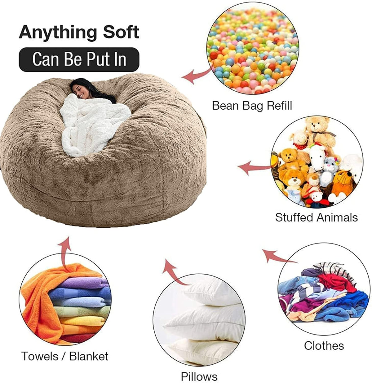 Giant Fluffy Faux Fur Bean Bag Lounge Sofa Cover (Cover Only)