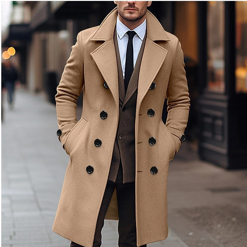 Men's Double-Breasted Longline Overcoat with Notch Lapels