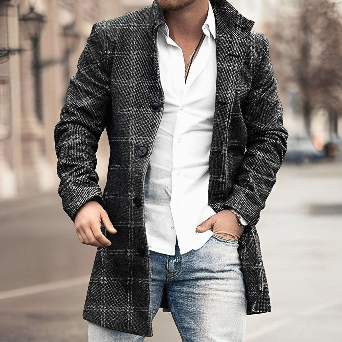 Men's Long Tailored Single-Breasted Button-Up Overcoat