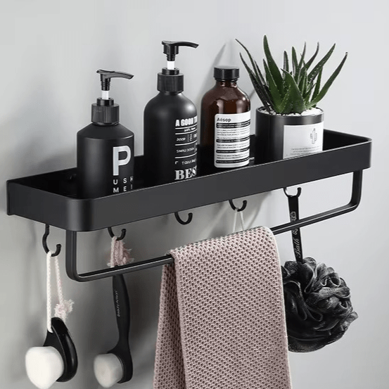 No-Drill Adhesive Wall Shower Shelf with Optional Towel Hook - Black or White