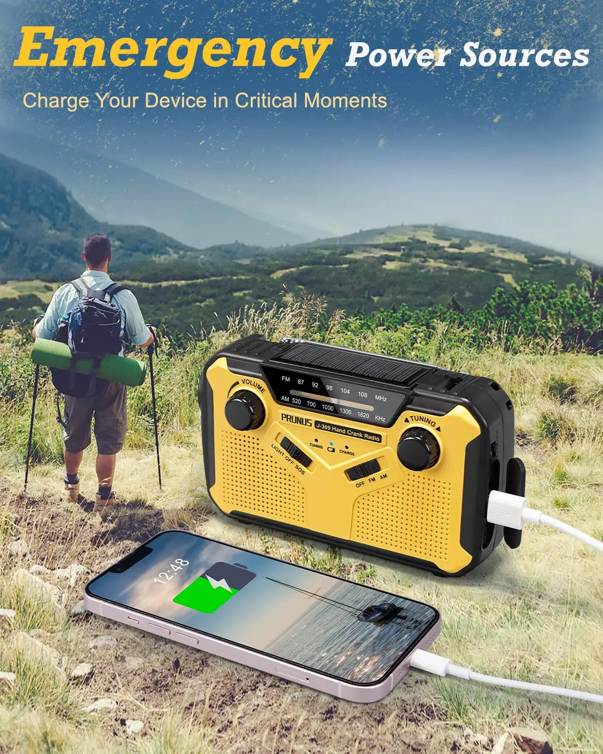 Portable Emergency Radio with Flashlight & Power Bank - Solar, Crank & USB Charging