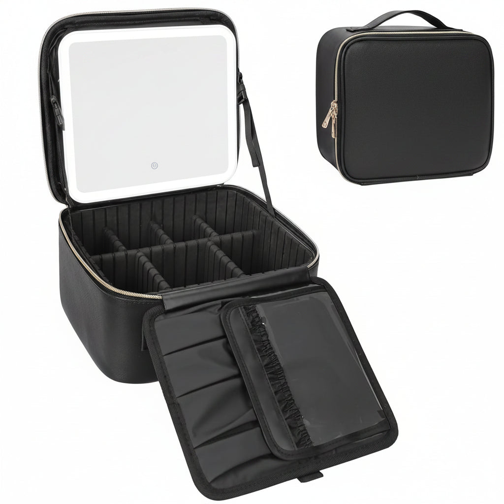 Portable Travel Makeup Case with Integrated LED Mirror - Lightweight Cosmetic Organizer