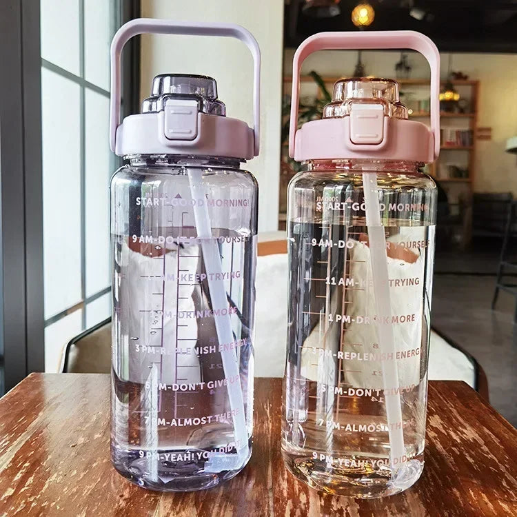 Portable Water Bottle with Straw and Time Markings for Sports & Fitness