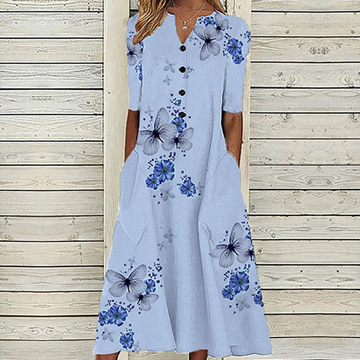 Printed V-Neck A-Line Summer Dress with Pockets