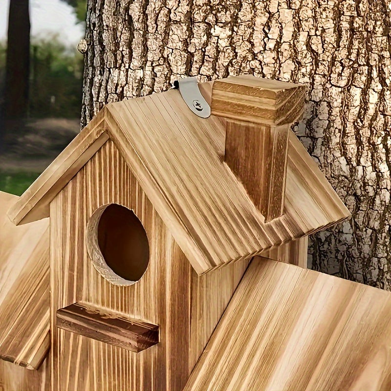 Rustic Wooden Birdhouse with Multiple Nests and Spacious Feeding Platform