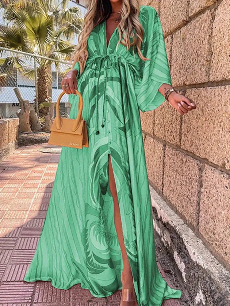 V-Neck Kimono Sleeve Abstract Print Split Maxi Dress
