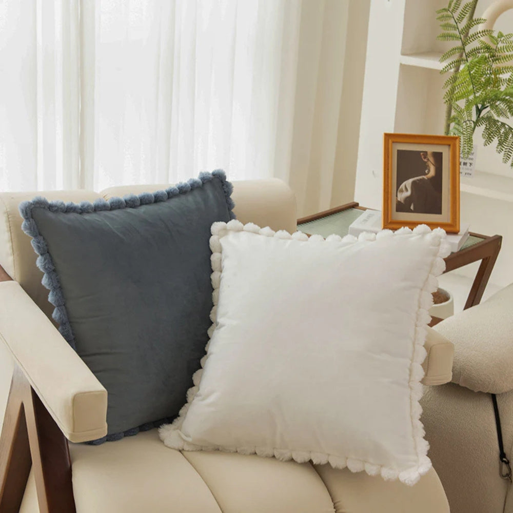 Velvet Cushion Cover with Pom-Pom Trim