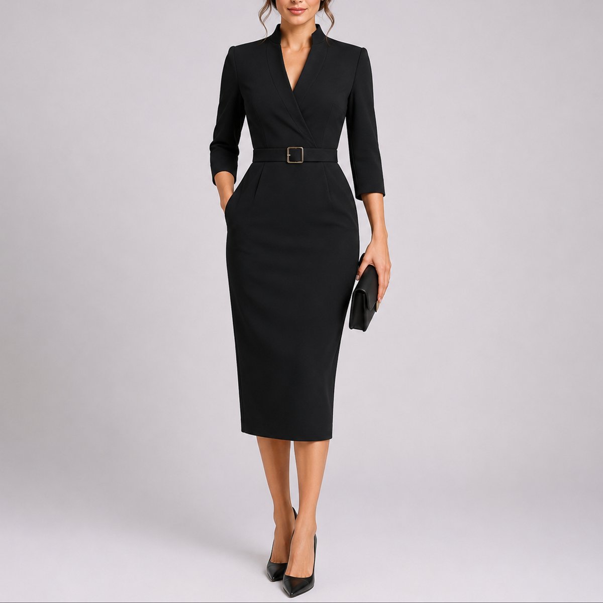 Women's Belted V-Neck Bodycon Midi Fall Wedding Guest Dress