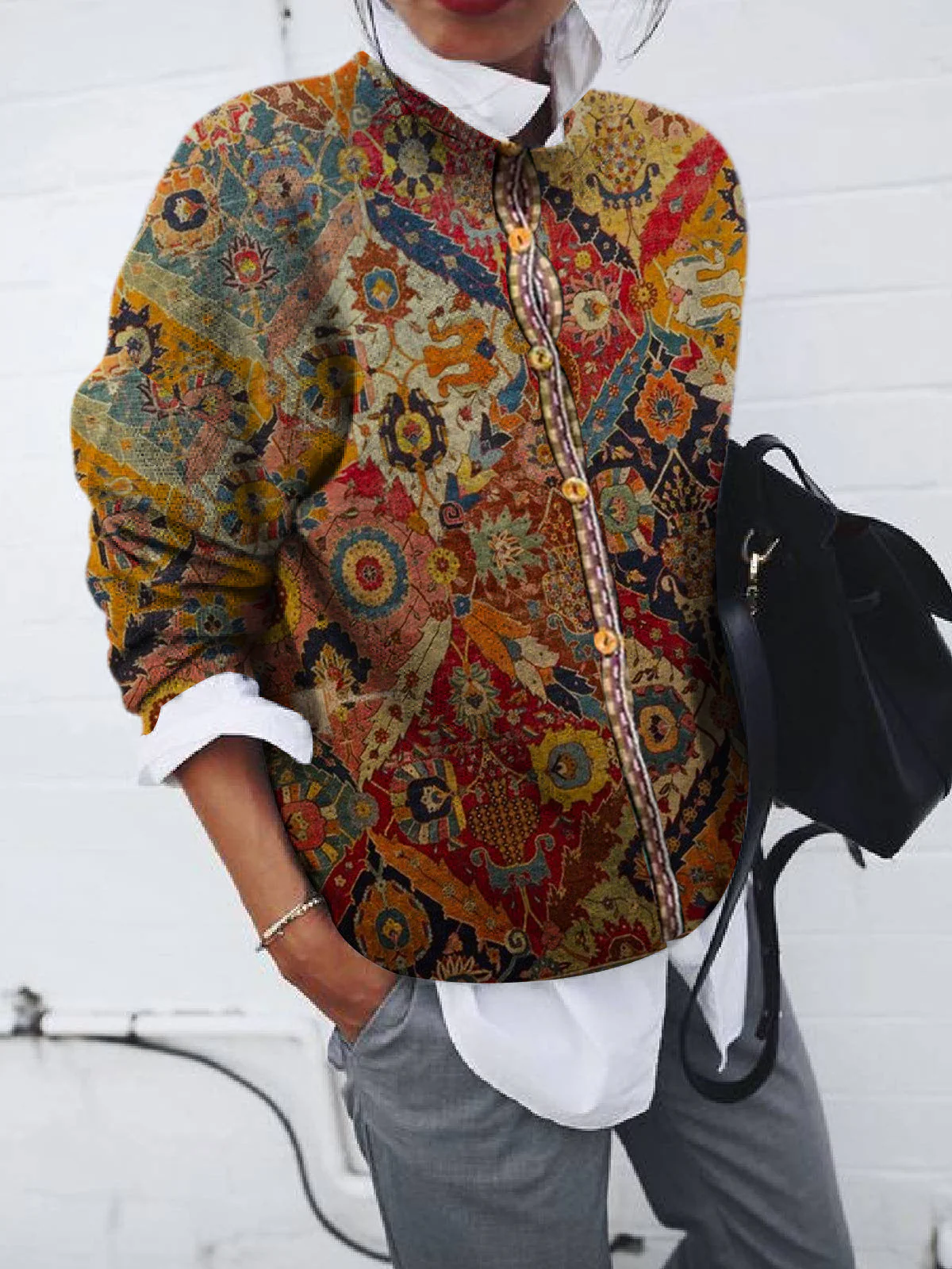 Women's Button-Front Printed Cardigan