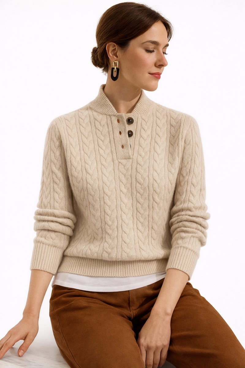 Women's Cable-Knit Button-Neck Pullover Sweater