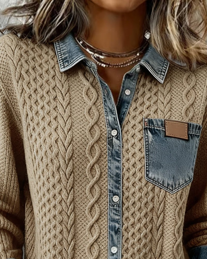 Women's Cable-Knit Patchwork Button-Down Shirt
