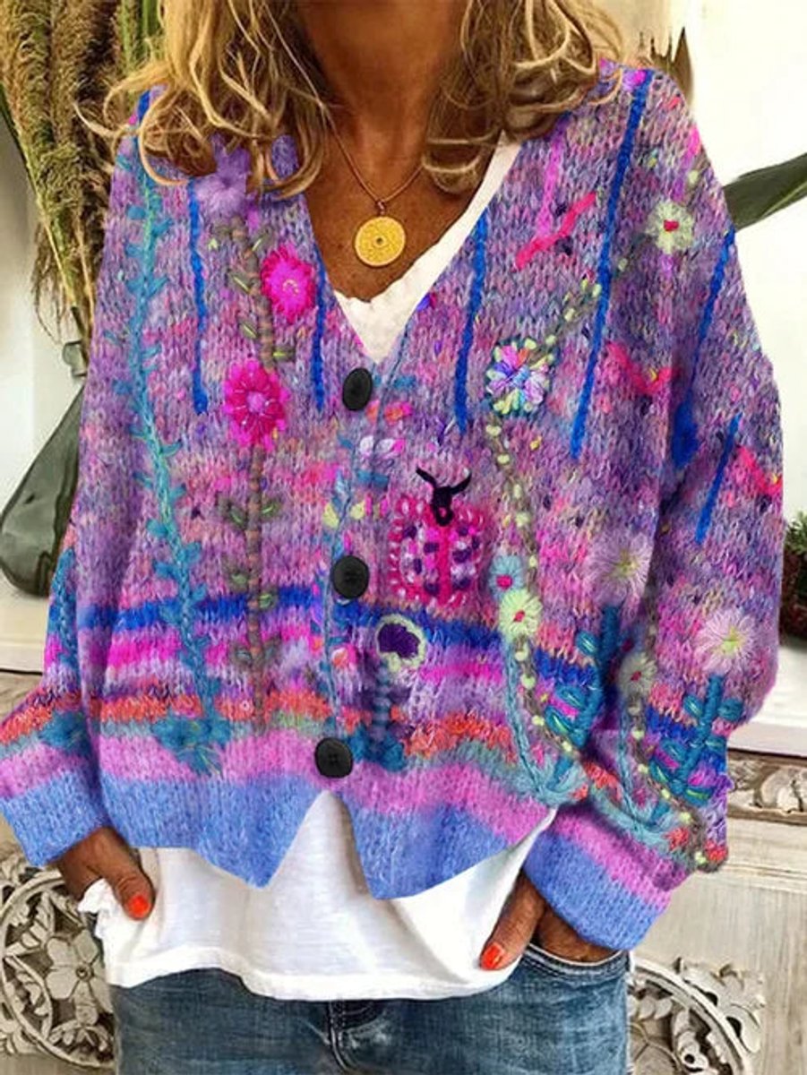 Women's Floral Embroidered Button-Front Cardigan