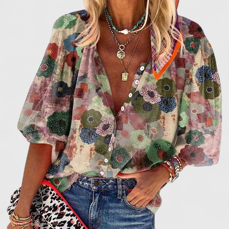 Women's Floral Print V-Neck Blouse – Long Sleeve, Relaxed Fit