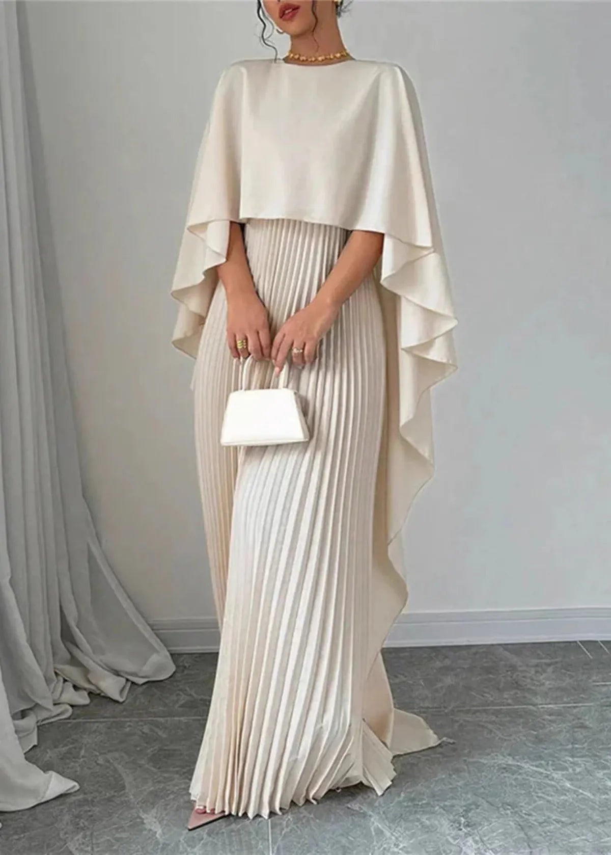Women's Flowy Pleated Maxi Dress with Cape Overlay