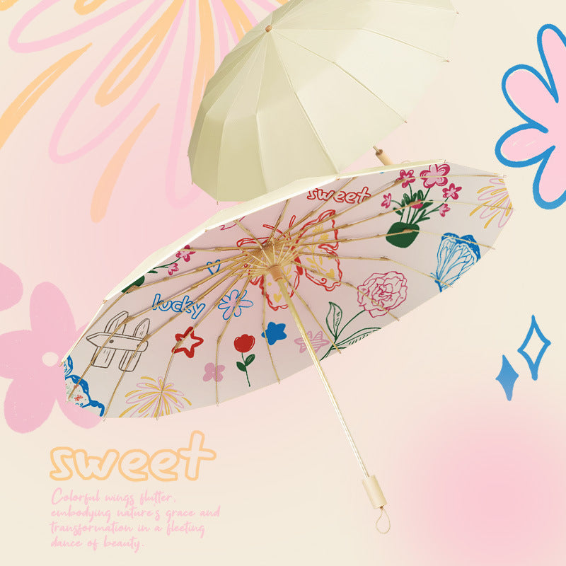 Women's Folding Parasol with Floral Design and Carrying Case