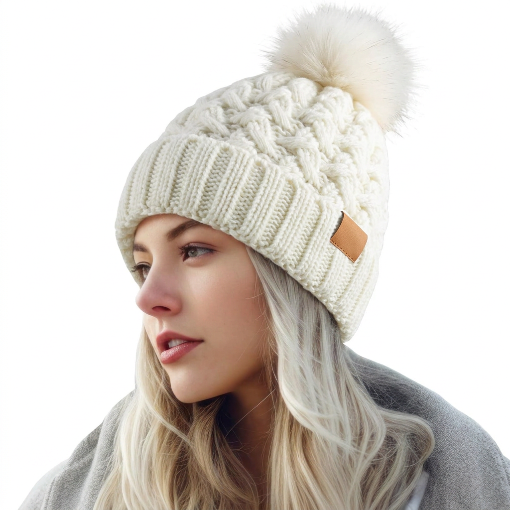 Women's Lined Winter Hat with Pom-Pom
