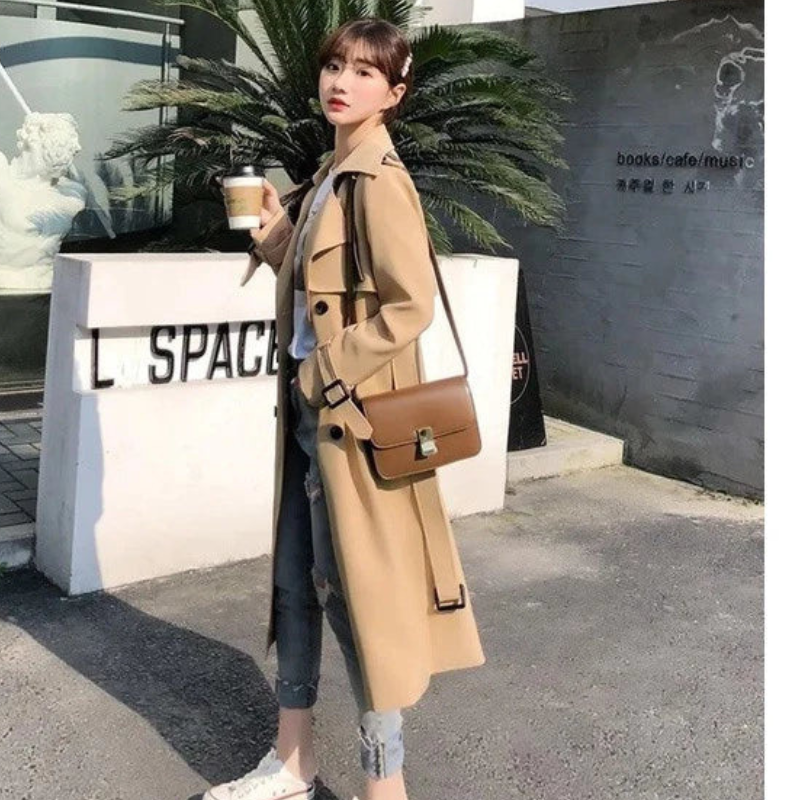 Women's Long Belted Trench Coat with Long Sleeves