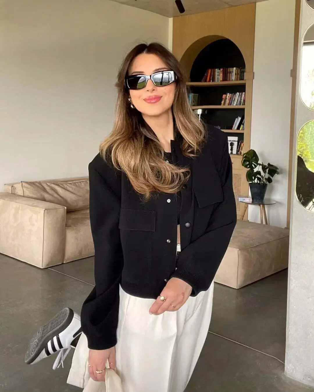 Women's Long-Sleeve Cropped Bomber Jacket with Button Front