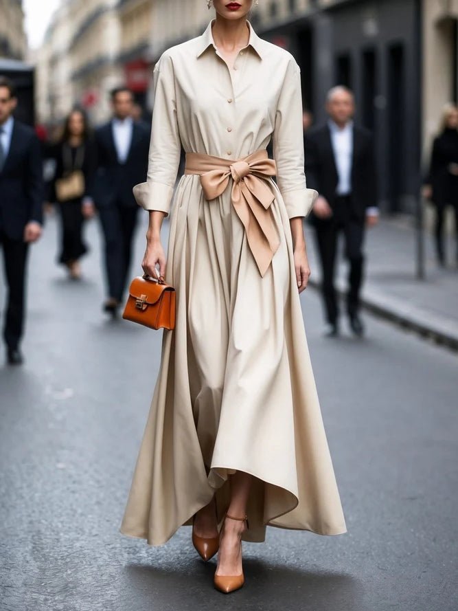 Women's Long-Sleeve Tie-Waist Maxi Shirt Dress