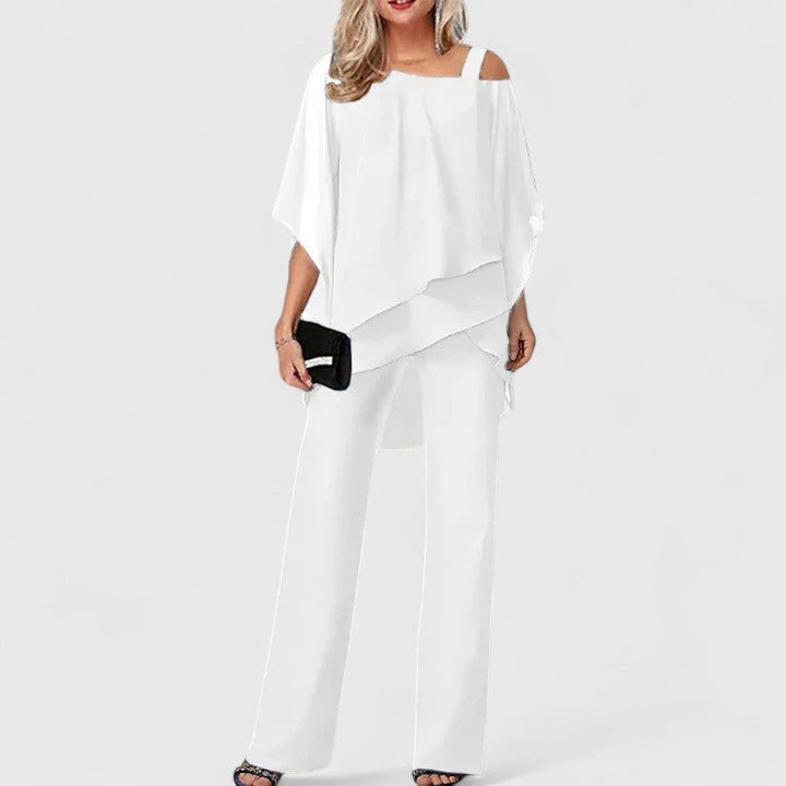 Women's Off-Shoulder Two-Piece Formal Set with Wide-Leg Pants