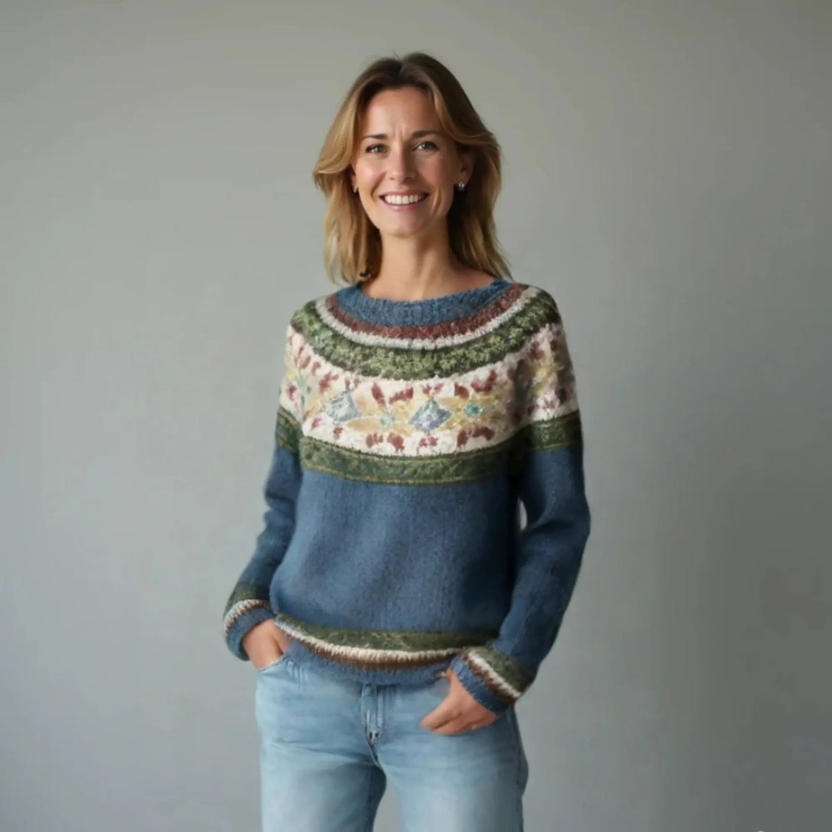 Women's Relaxed Fit Boat Neck Multicolour Nordic Jumper