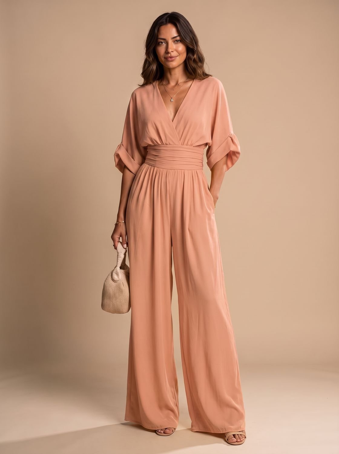Women's Retro Wide-Leg V-Neck Wrap Jumpsuit