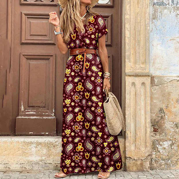 Women's Short Sleeve V-Neck Boho Maxi Dress