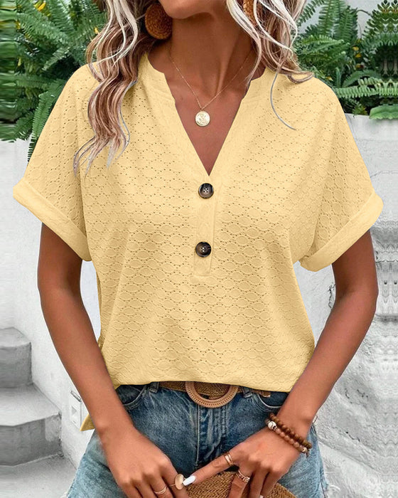 Women's Short Sleeve V-Neck Textured Top with Buttons