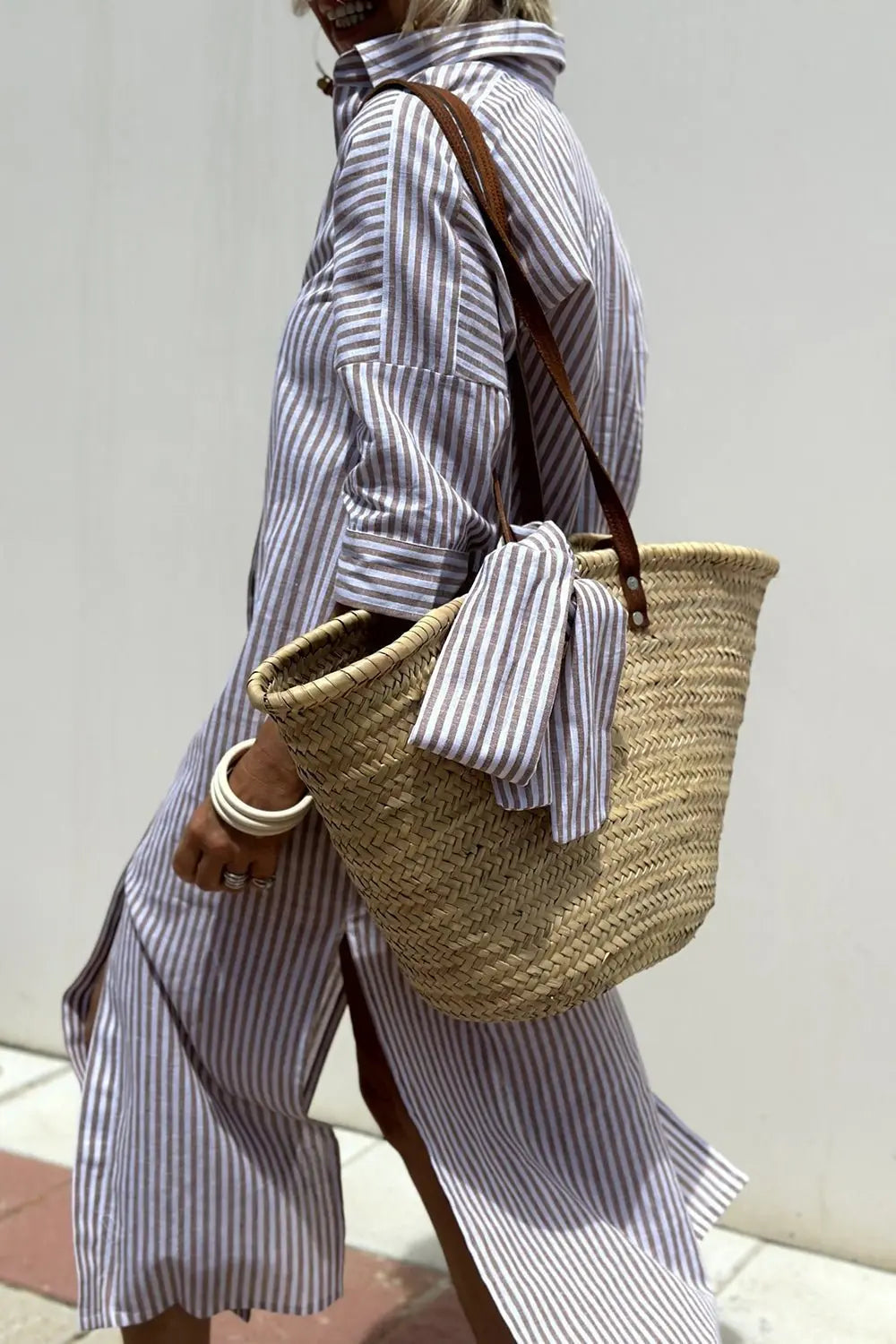 Women's Striped Button-Down Midi Shirt Dress with Tights & Boots
