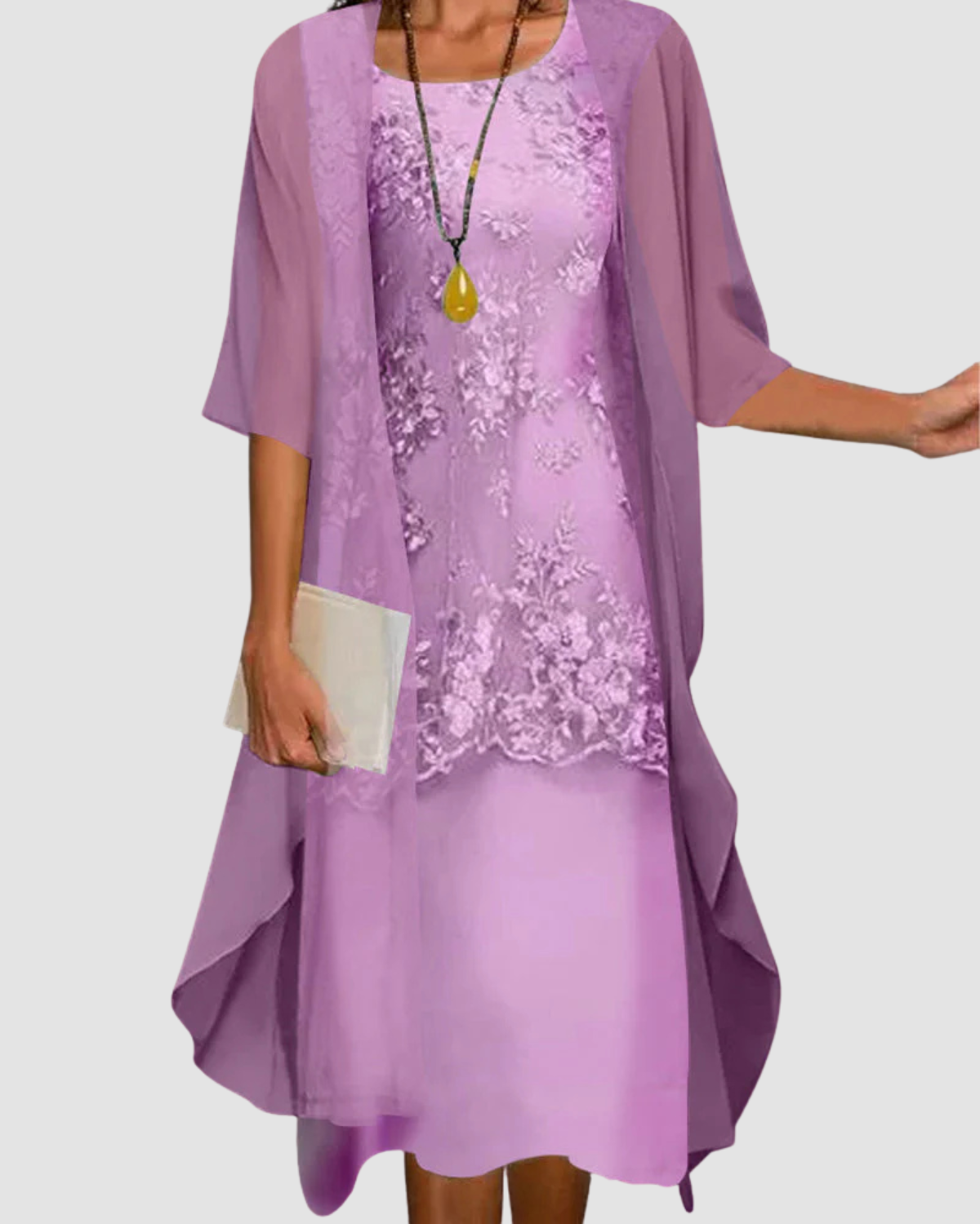 Women's Two-Piece Knee-Length Dress with Sheer Overlay