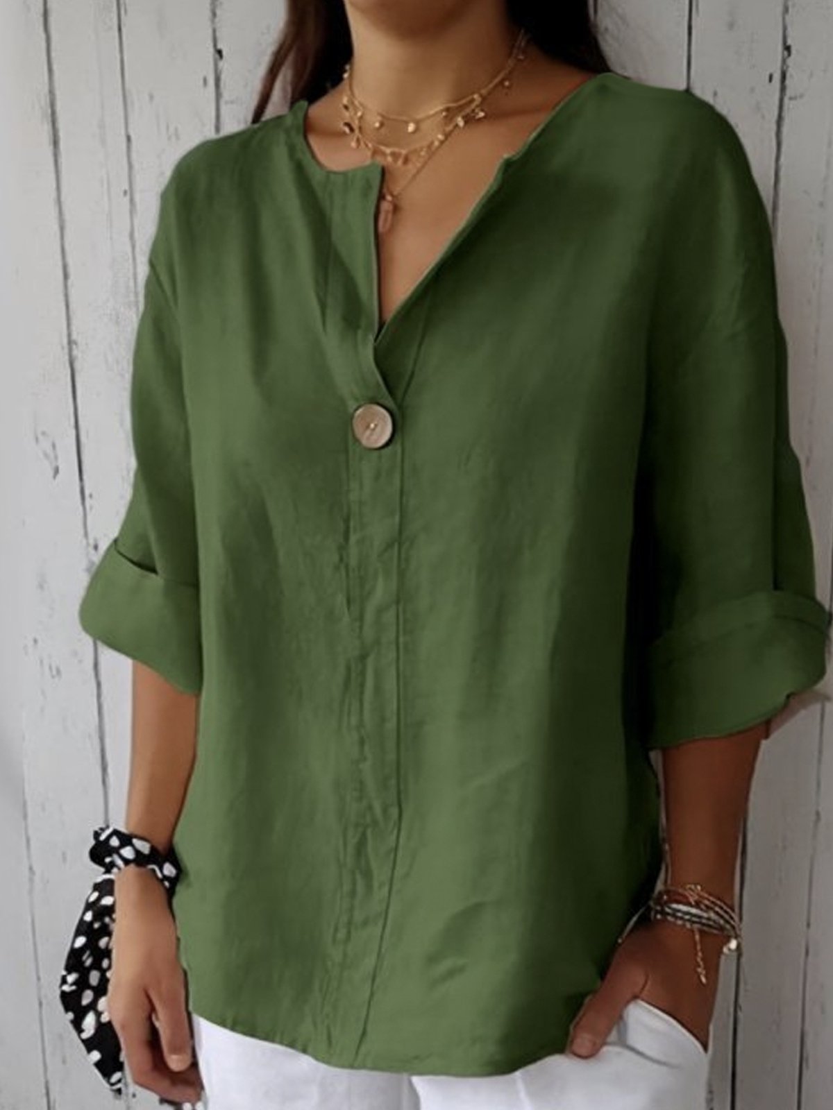 Women's V-Neck Roll-Sleeve Button-Down Blouse