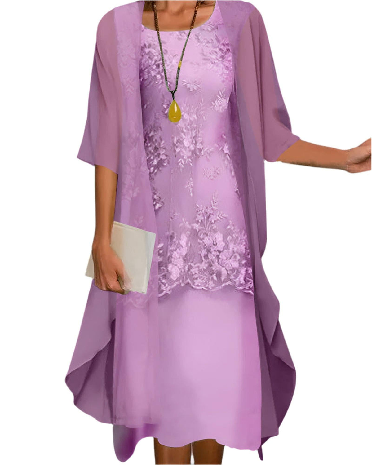 Women's Wedding Guest Midi Dress with Flowing Sheer Sleeves
