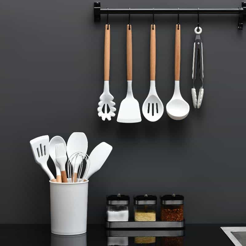 11-Piece Silicone and Wood Kitchen Utensil Set with Holder (Black or White)