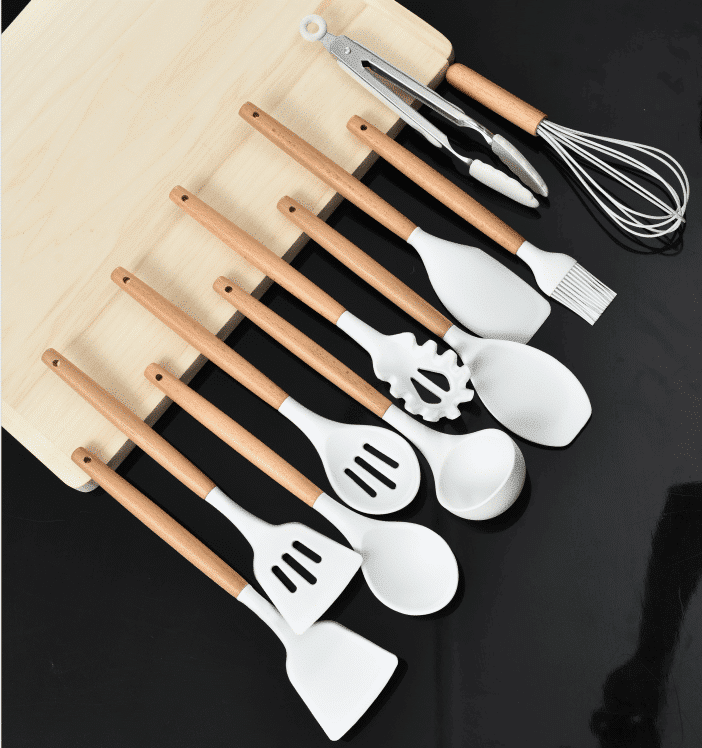 11-Piece Silicone and Wood Kitchen Utensil Set with Holder (Black or White)
