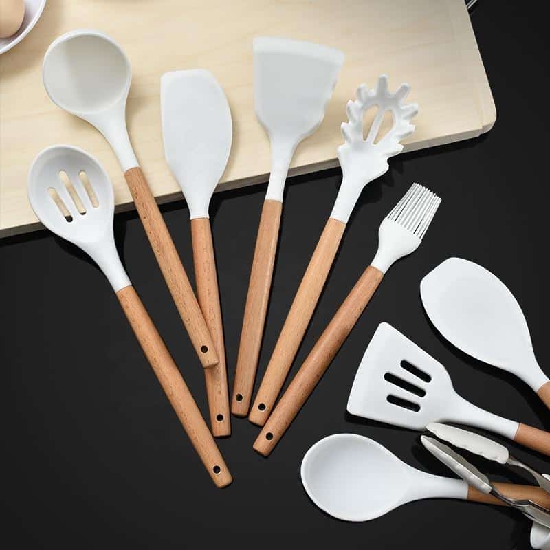 11-Piece Silicone and Wood Kitchen Utensil Set with Holder (Black or White)