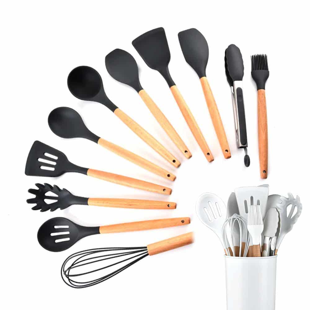 11-Piece Silicone and Wood Kitchen Utensil Set with Holder (Black or White)