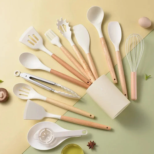 14-Piece Silicone Kitchen Utensil Set with Wooden Handles