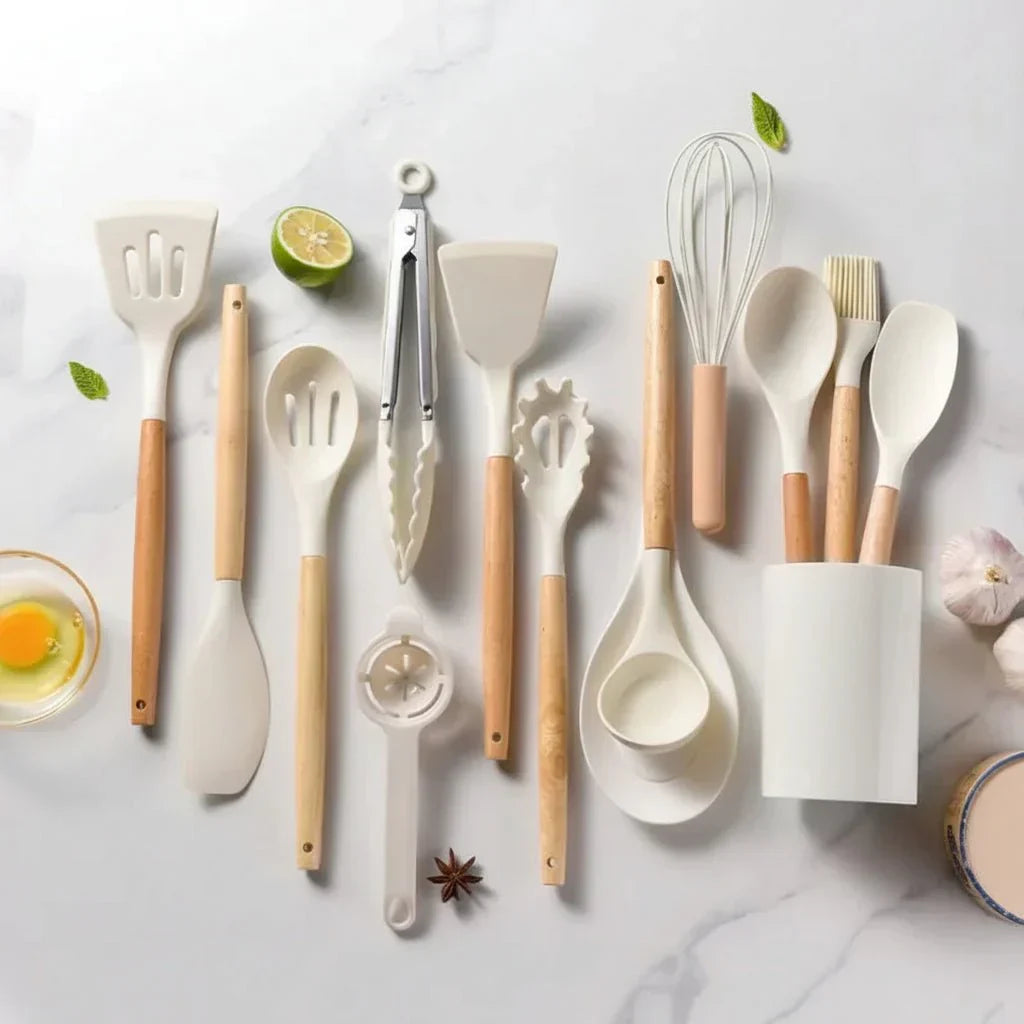 14-Piece Silicone Kitchen Utensil Set with Wooden Handles