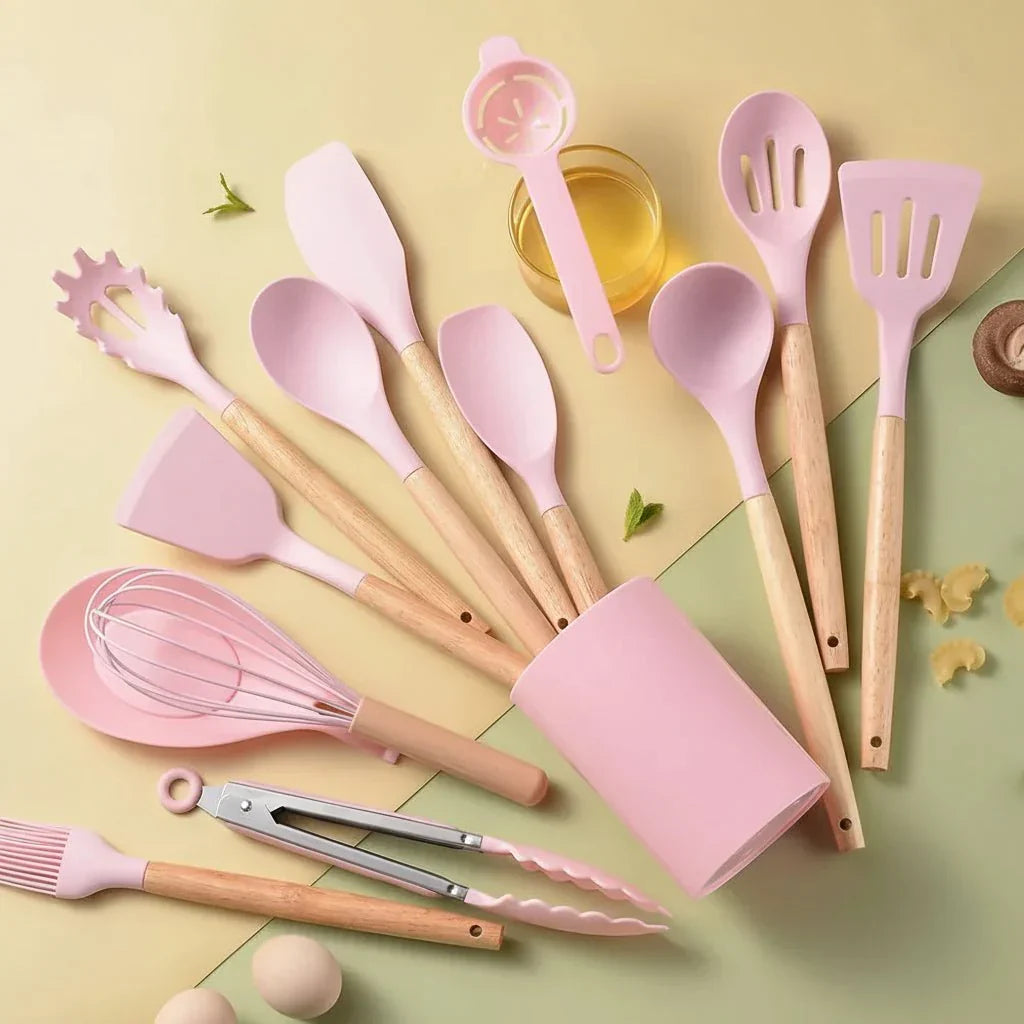 14-Piece Silicone Kitchen Utensil Set with Wooden Handles