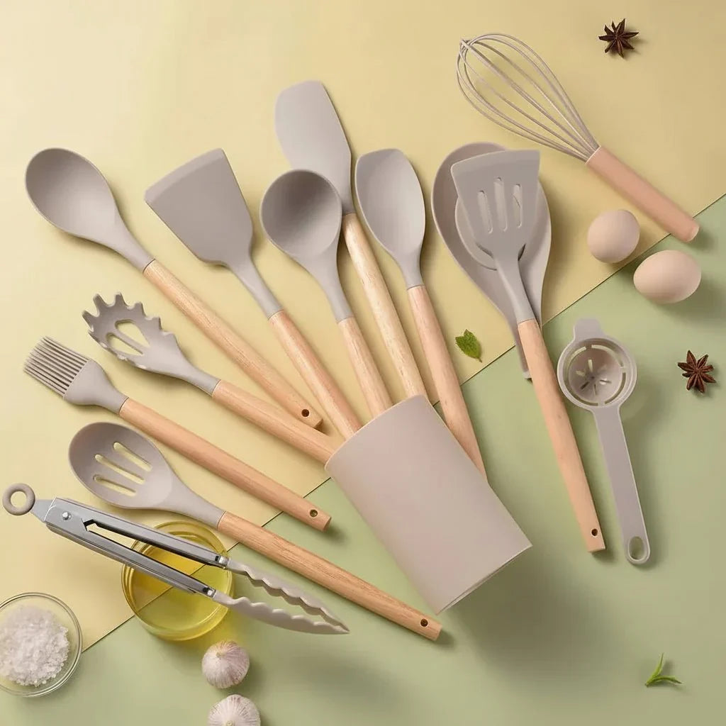 14-Piece Silicone Kitchen Utensil Set with Wooden Handles