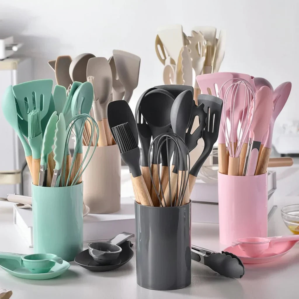 14-Piece Silicone Kitchen Utensil Set with Wooden Handles