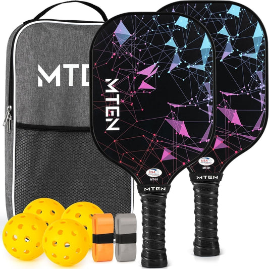 2-Pack Lightweight Fiberglass Pickleball Paddles with Ball Set Included