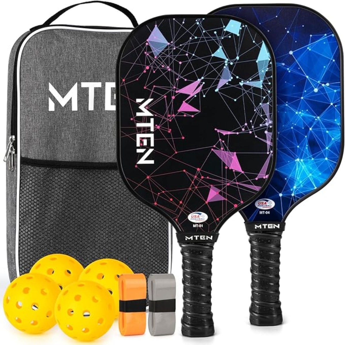 2-Pack Lightweight Fiberglass Pickleball Paddles with Ball Set Included