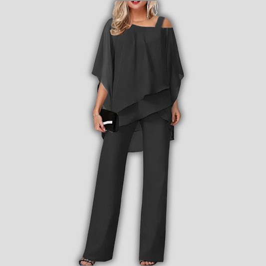 2-Piece Pantsuit with Layered Cape Top